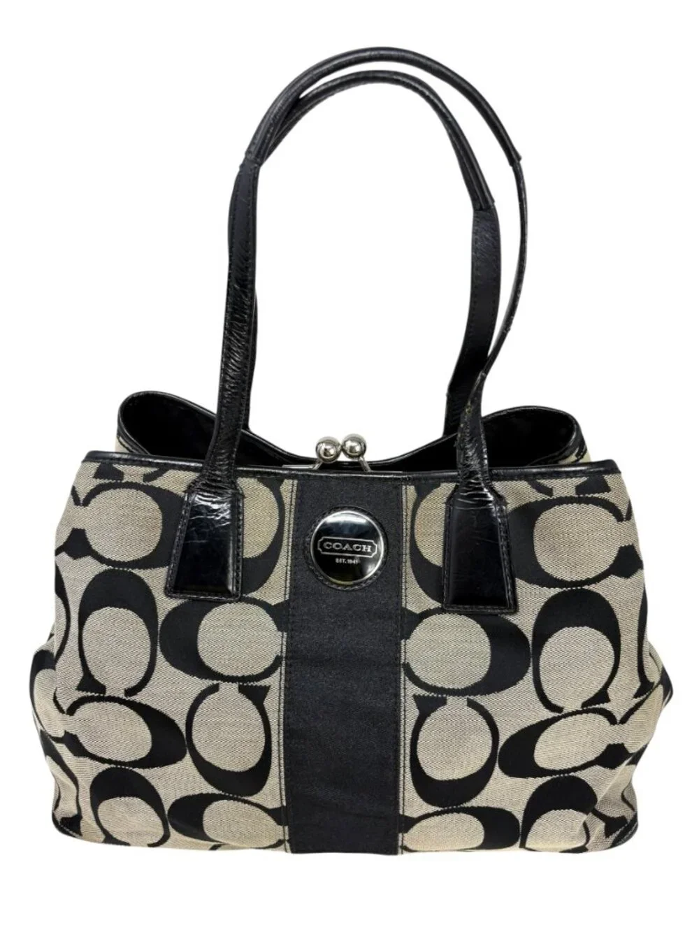 Coach F13533 Signature Stripe Framed Carryall Tote Shoulder Bag
